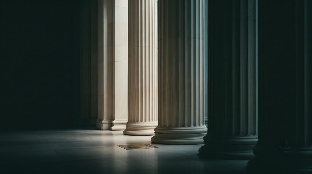 Limestone colonnade receding into shadow
